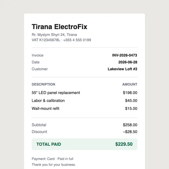TV repair invoice — Tirana ElectroFix